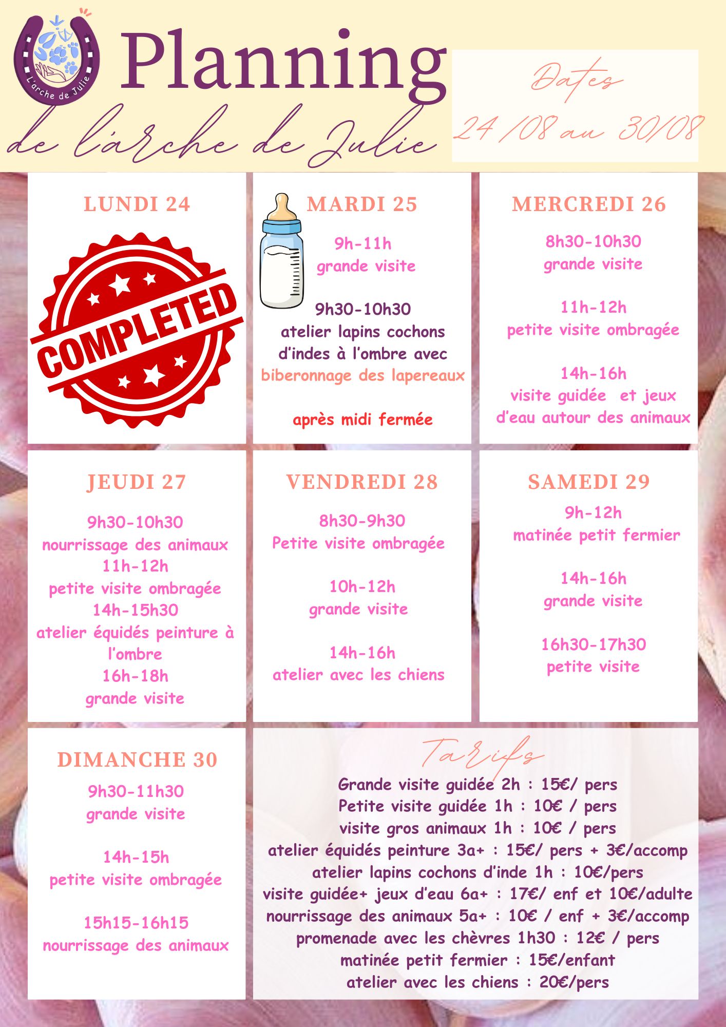 Planning du 24 au 30 aout