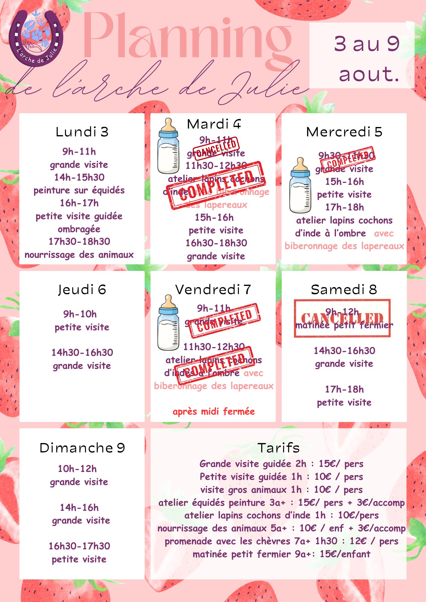 Planning du 3 au 9 aout 