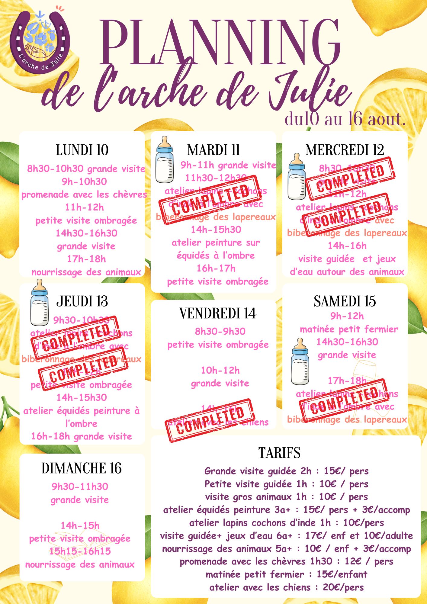 Planning du 10 au 16 aout