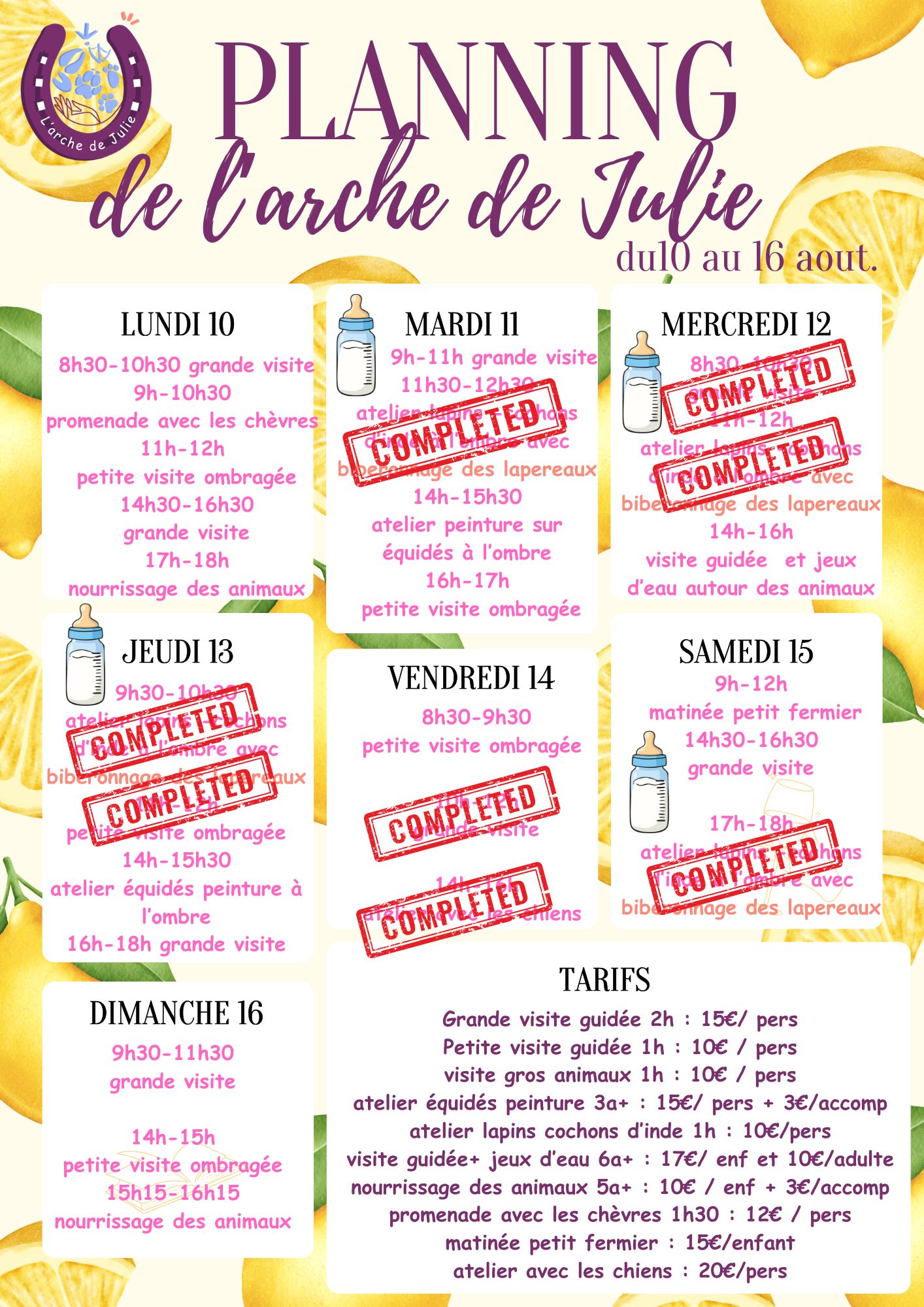 Planning du 17 au 23 aout