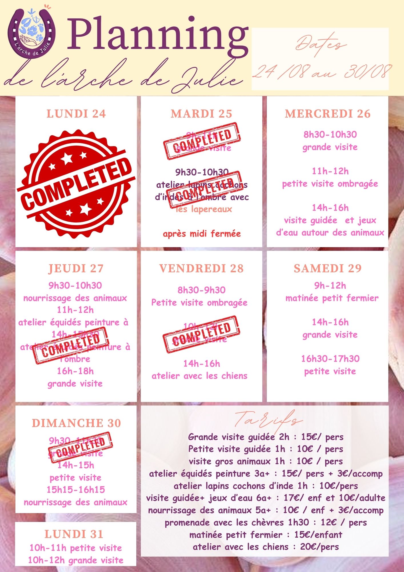 Planning du 24 au 30 aout