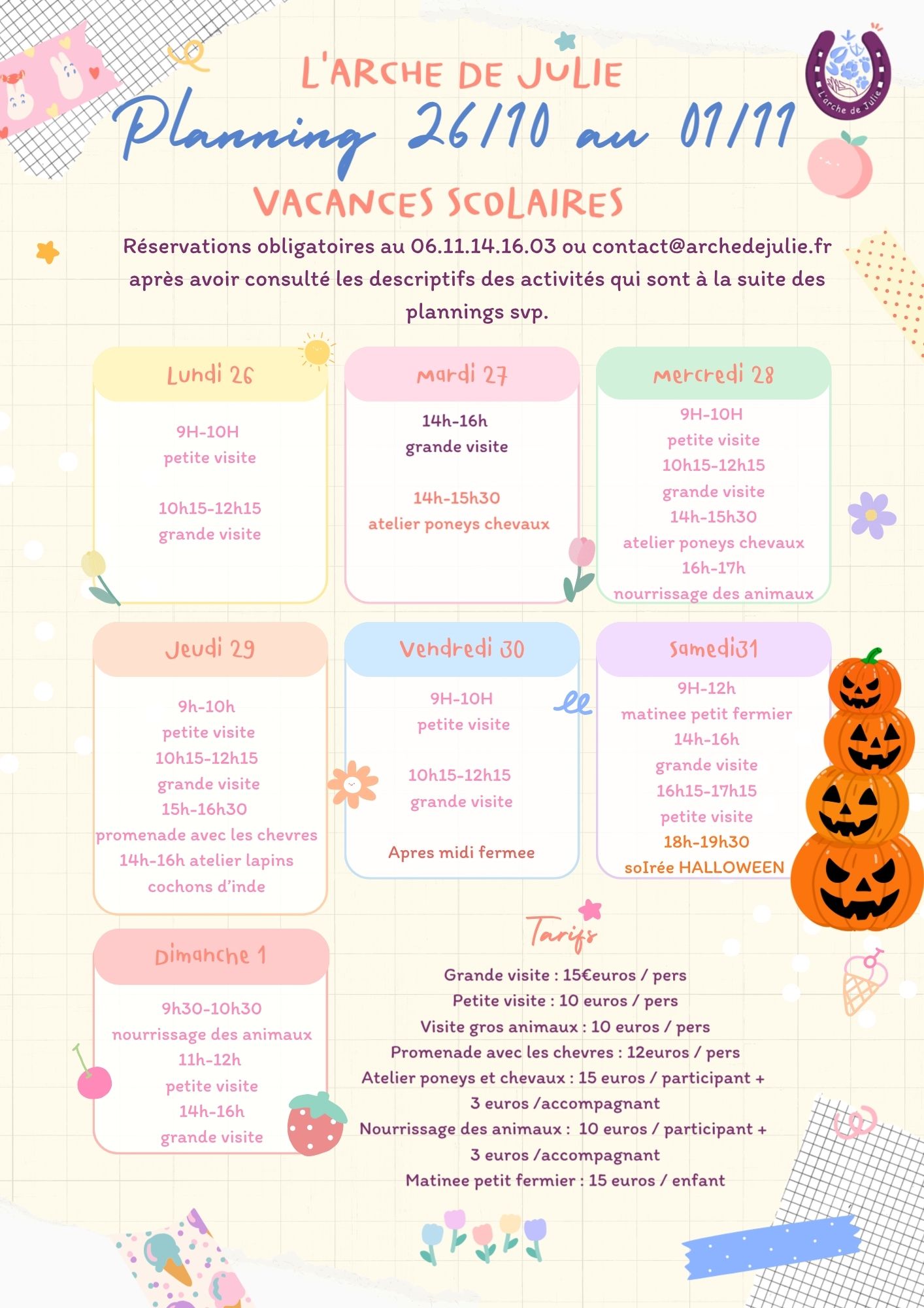 Planning de la deuxième semaine des vacances d'octobre
