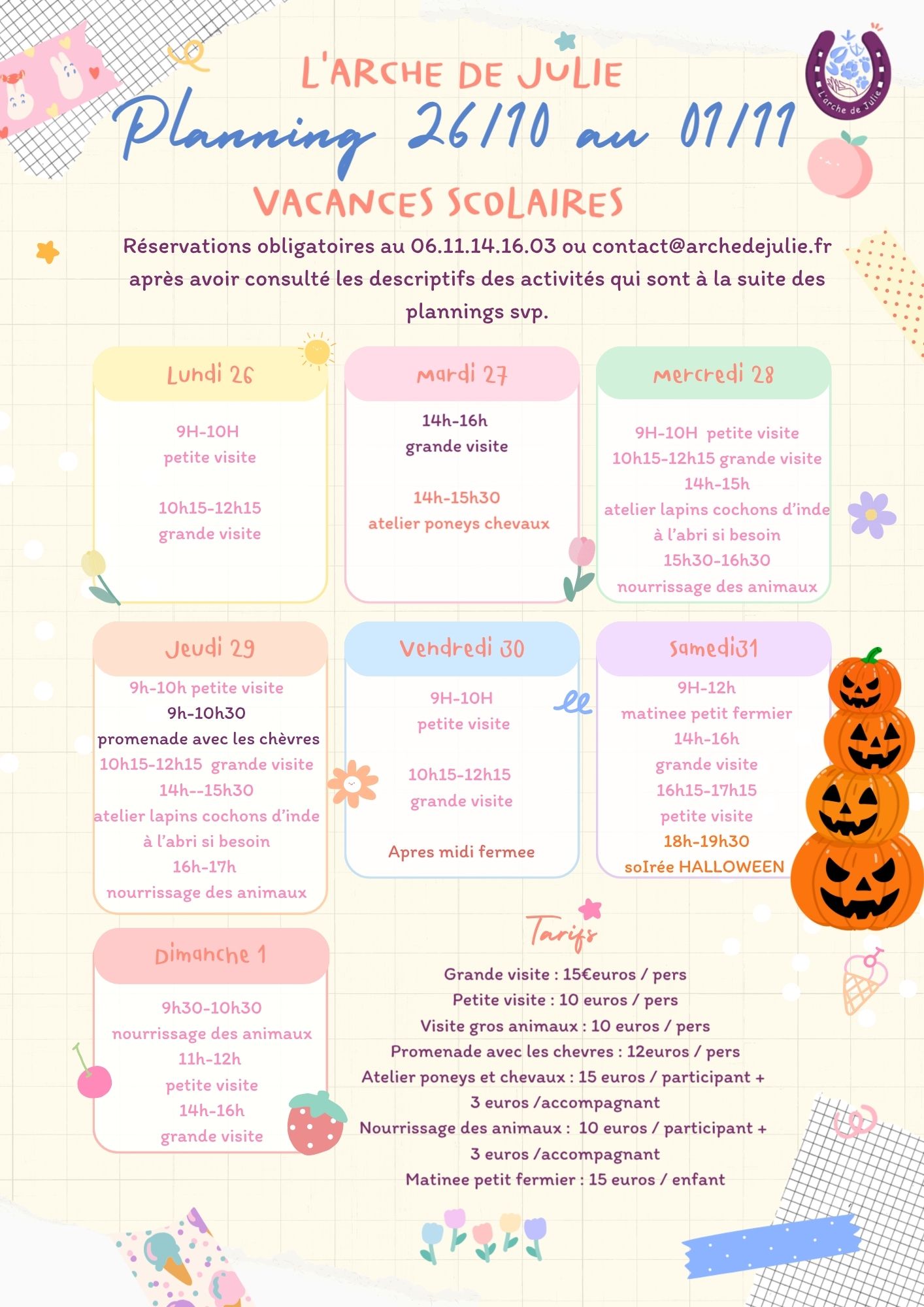 Planning de la deuxième semaine des vacances d'octobre