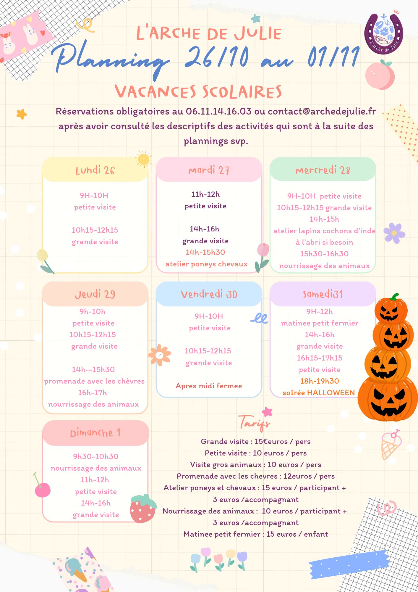 Planning de la deuxième semaine des vacances d'octobre