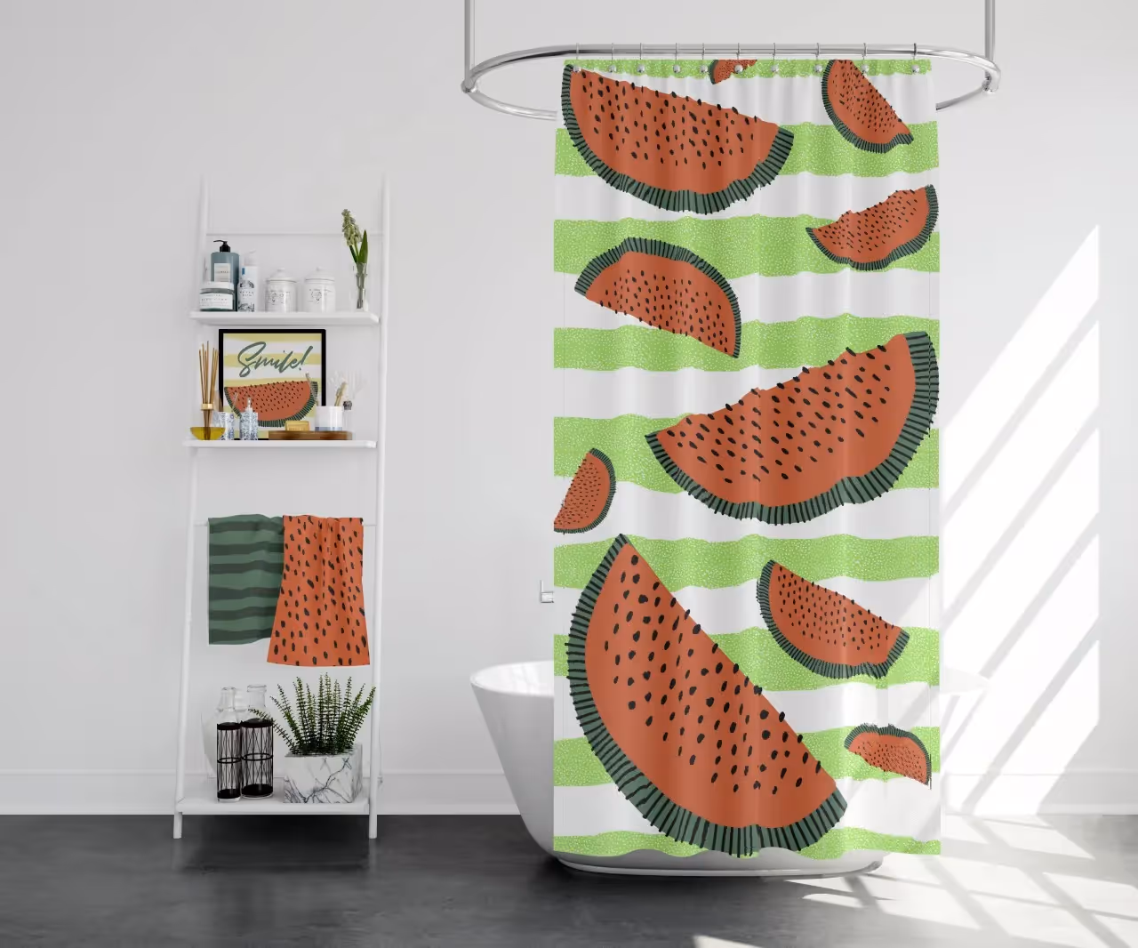 Shower curtain with watermelon slices of different sizes with a bright green and white striped background hanging over a bathtub in a bathroom