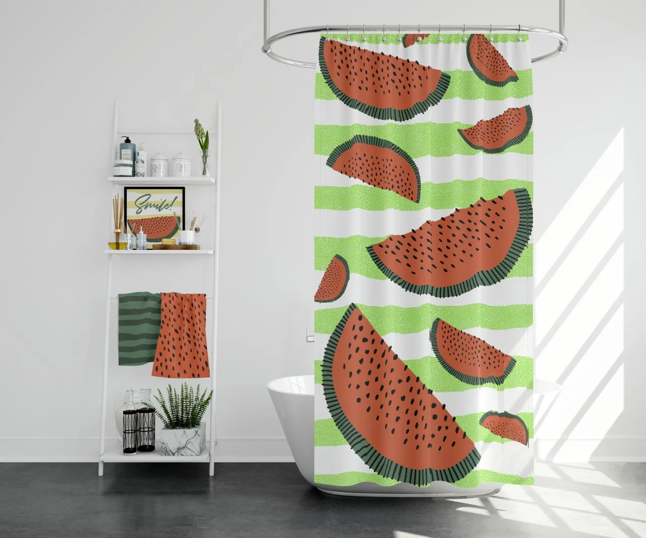 Shower curtain with watermelon slices of different sizes with a bright green and white striped background hanging over a bathtub in a bathroom