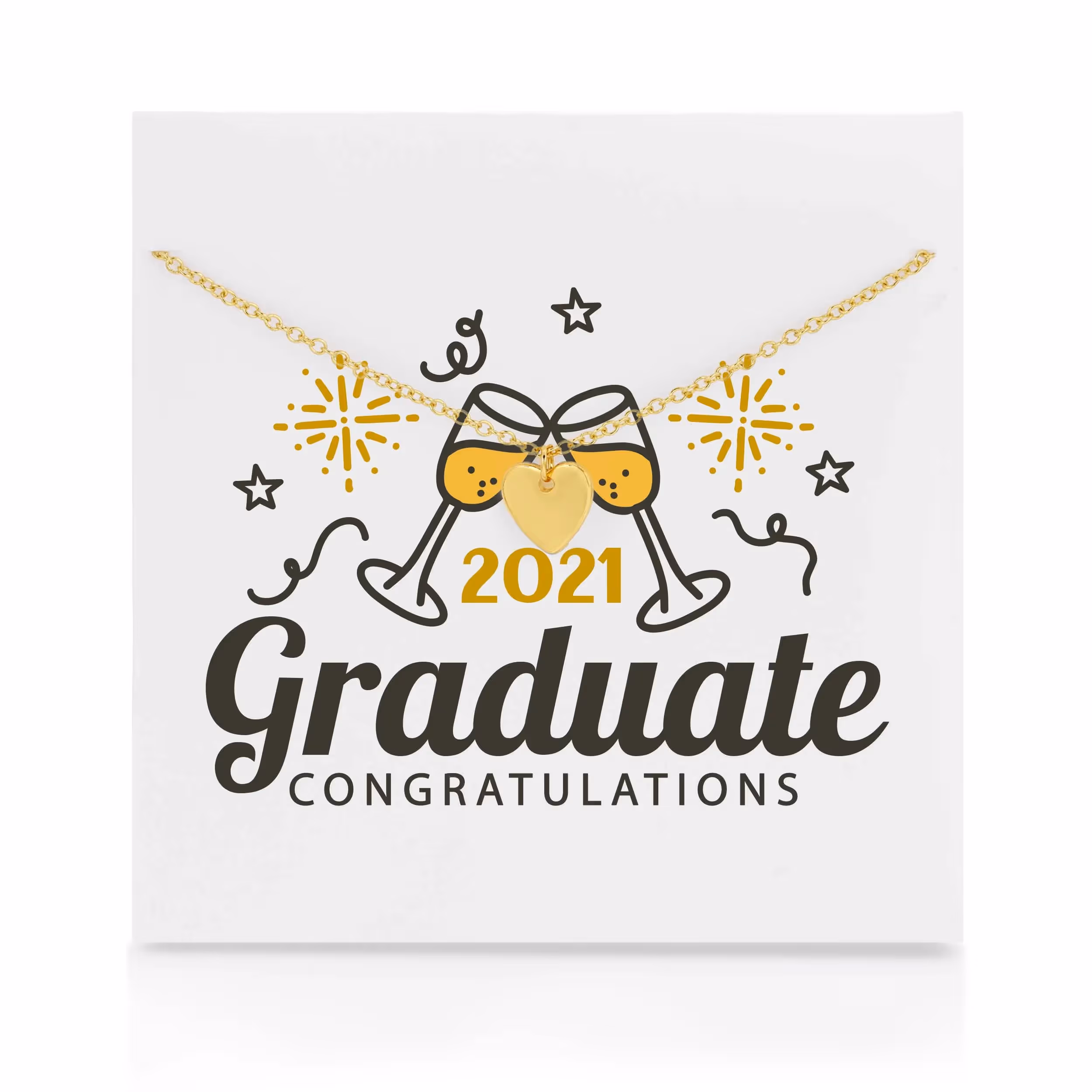 Carded jewelry with 2021 Graduate Congratulations with a gold heart necklace in front