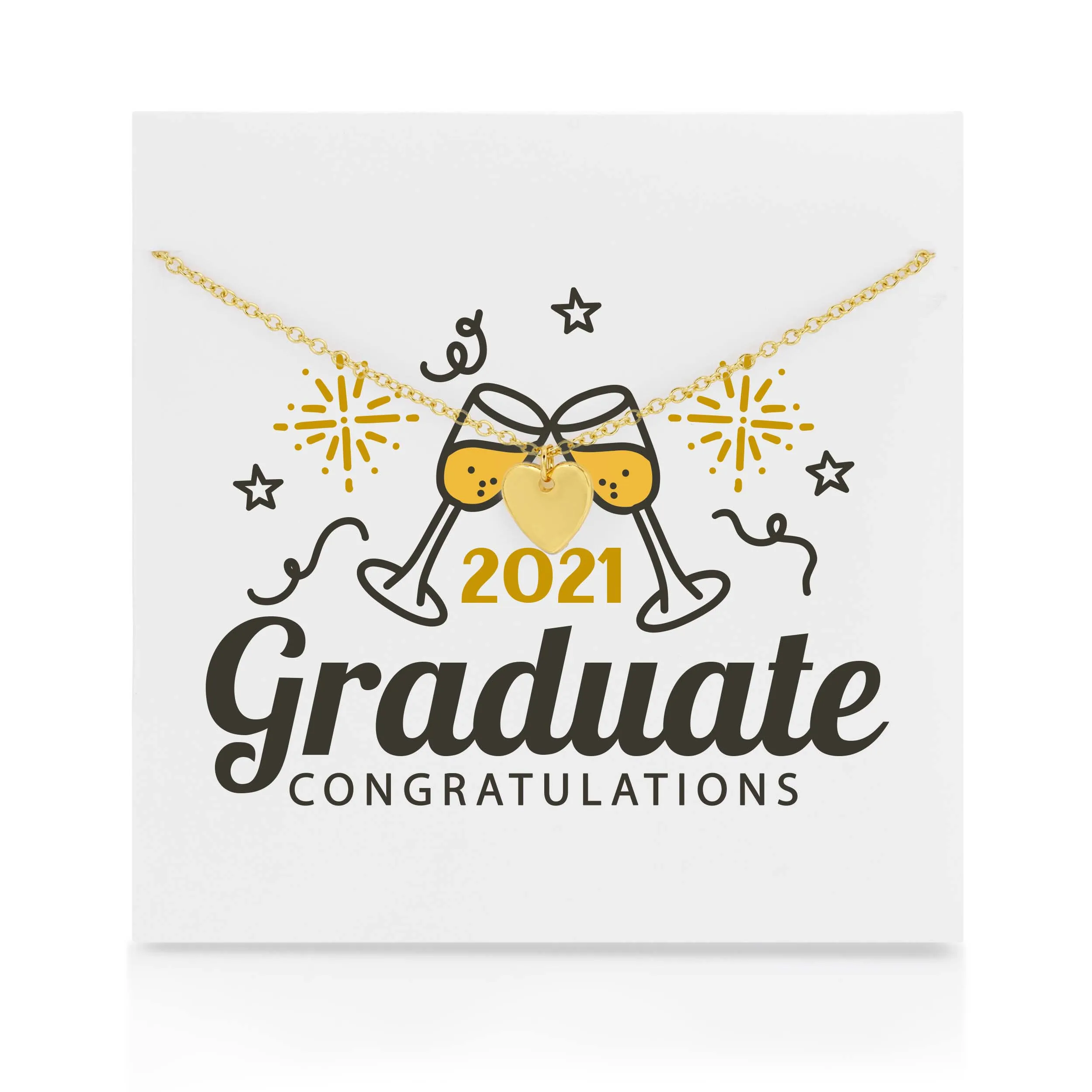Trang sức thẻ tốt nghiệp năm 2021 Chúc mừng với một chiếc vòng cổ trái tim vàng ở phía trước