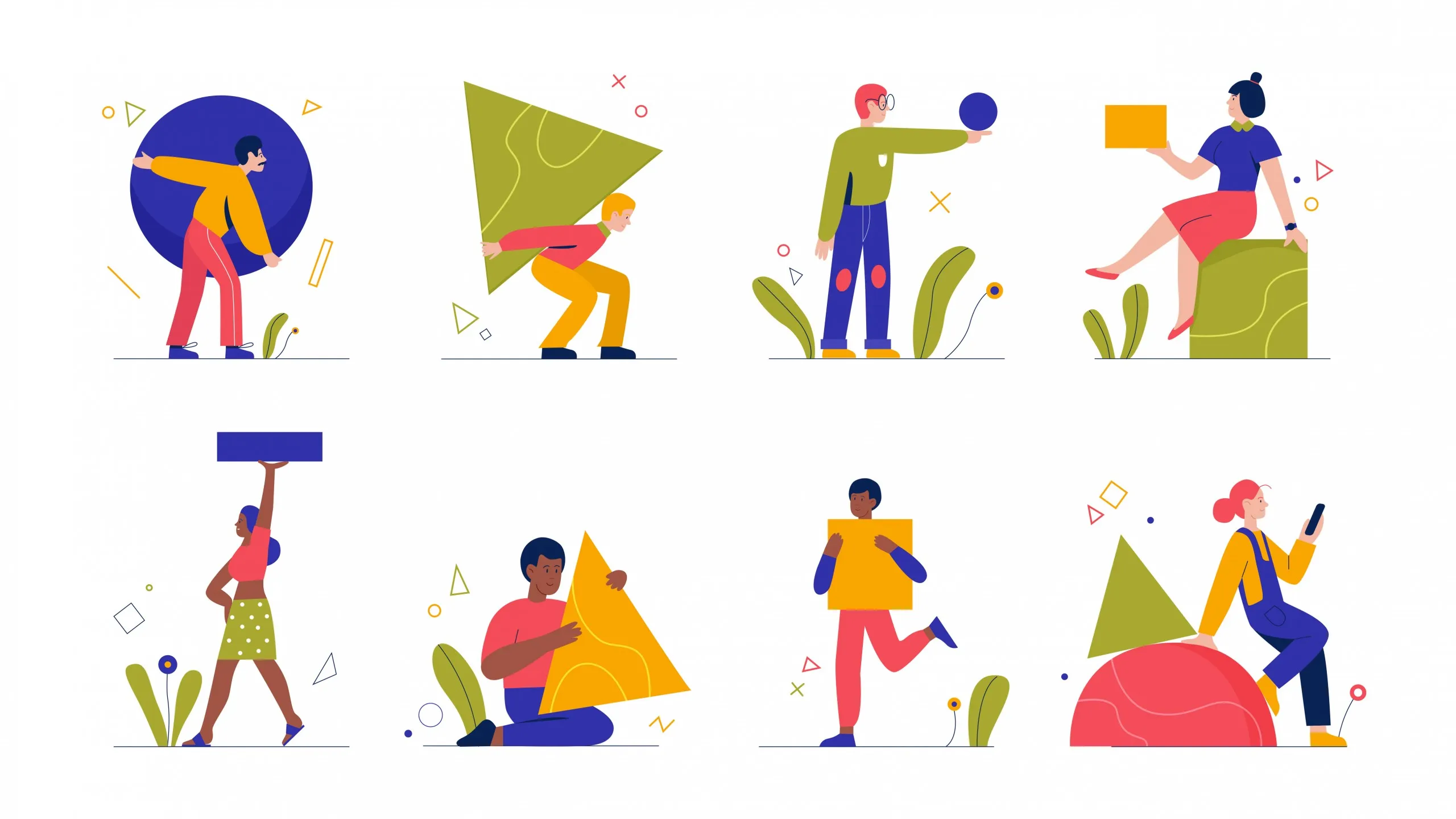 Illustration of people interacting with basic shapes like circles, squares, and triangles