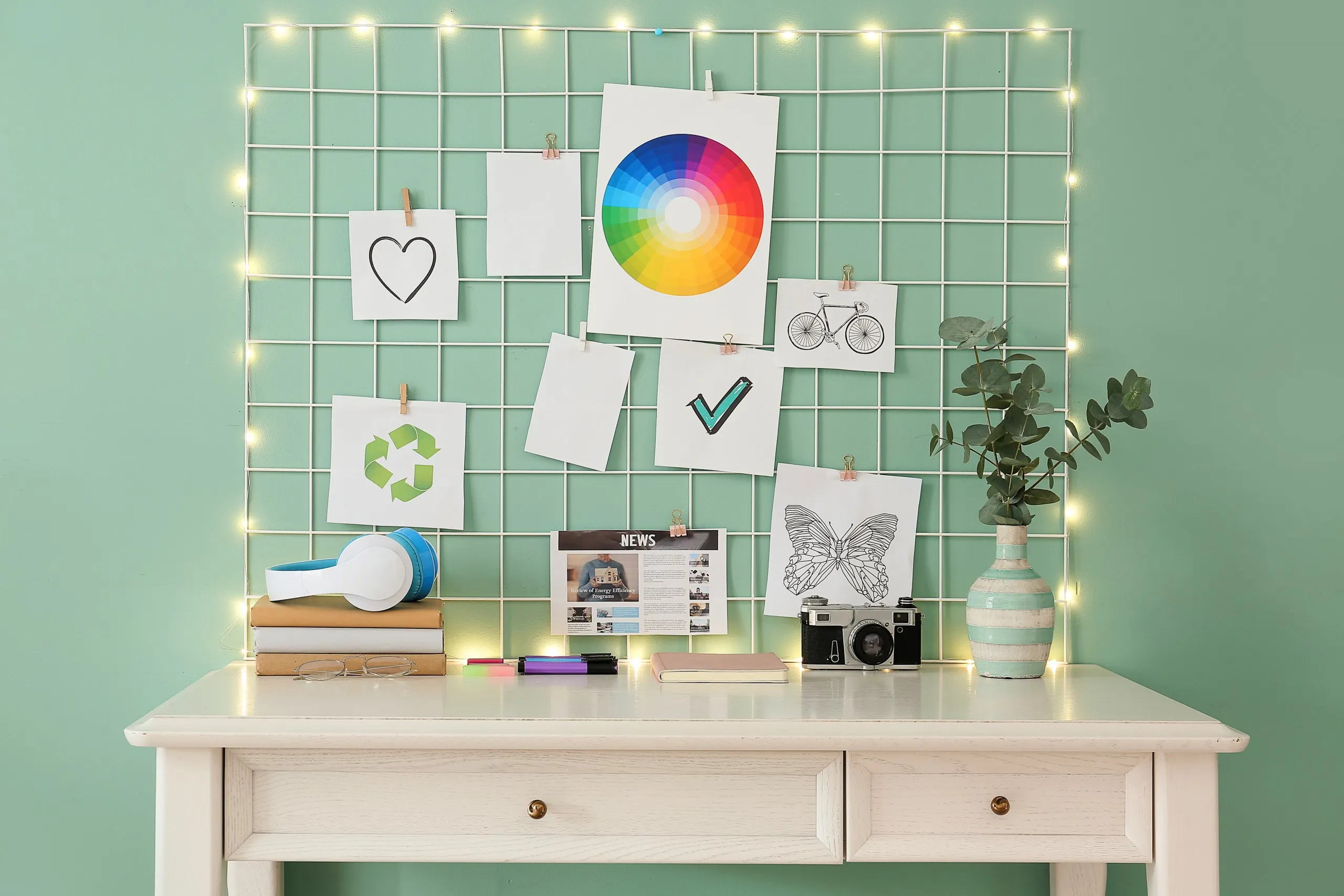 An inspiration board with a color wheel, butterfly, heart, and other symbols