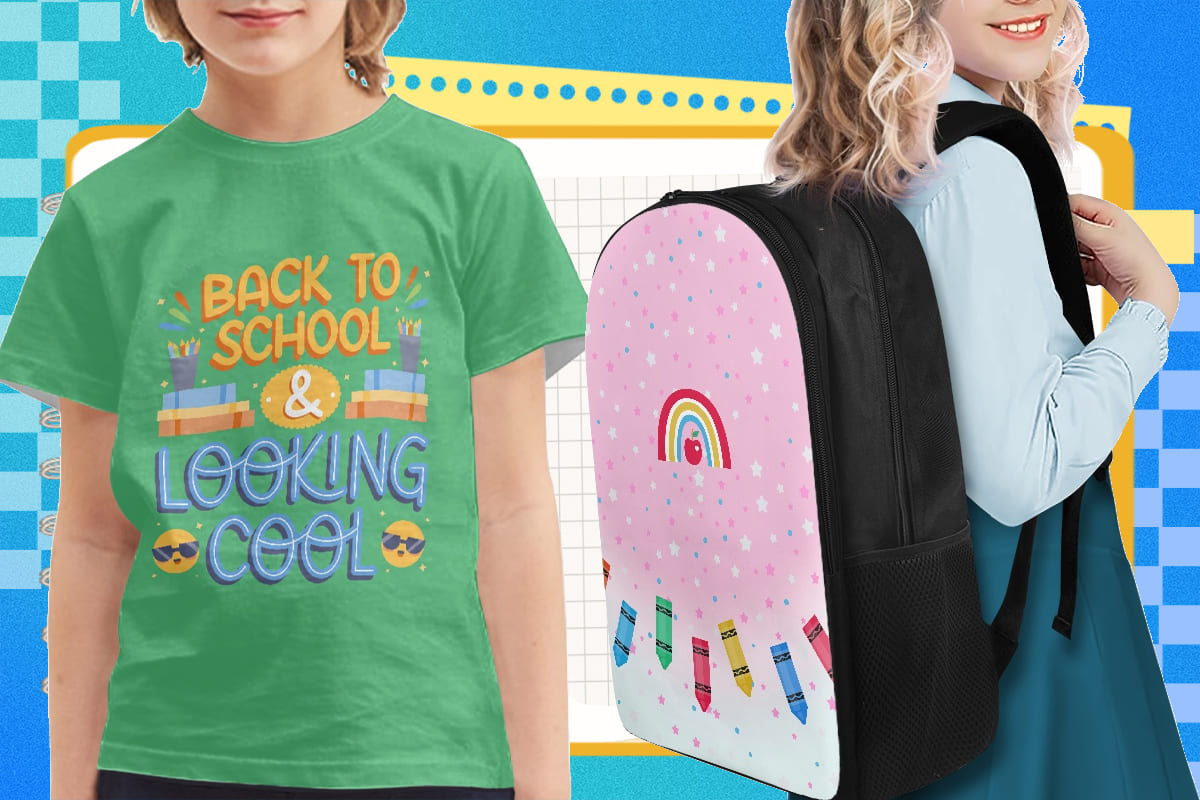 Kids wearing back-to-school themed t-shirt and backpack with colorful school graphics, perfect for print-on-demand sellers