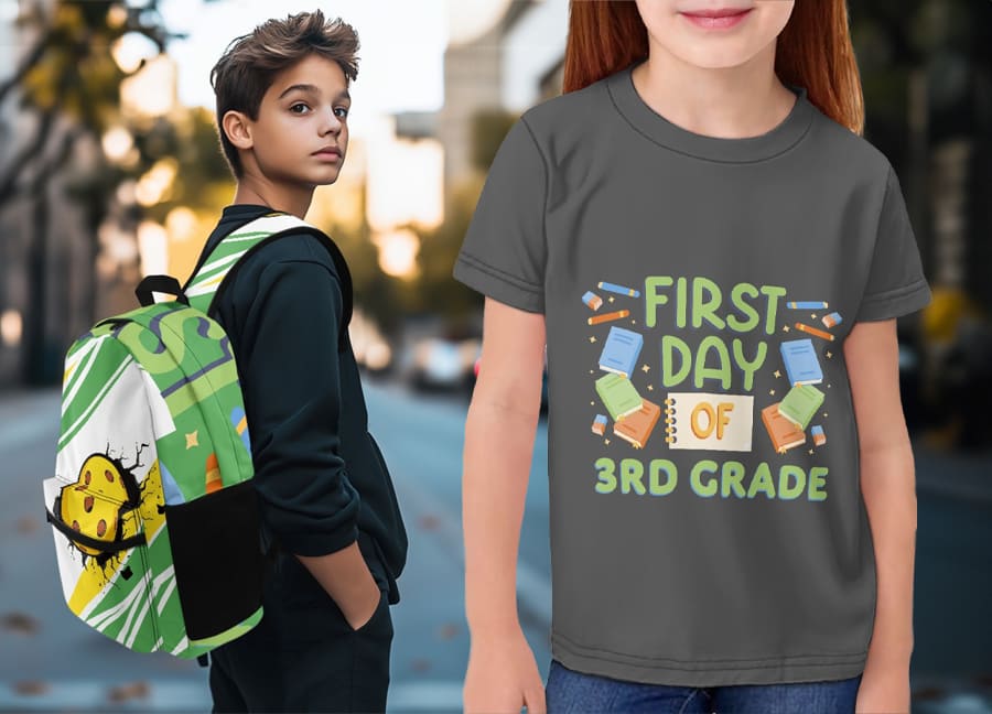 Custom print-on-demand back-to-school gear designed for kids entering the new school year.