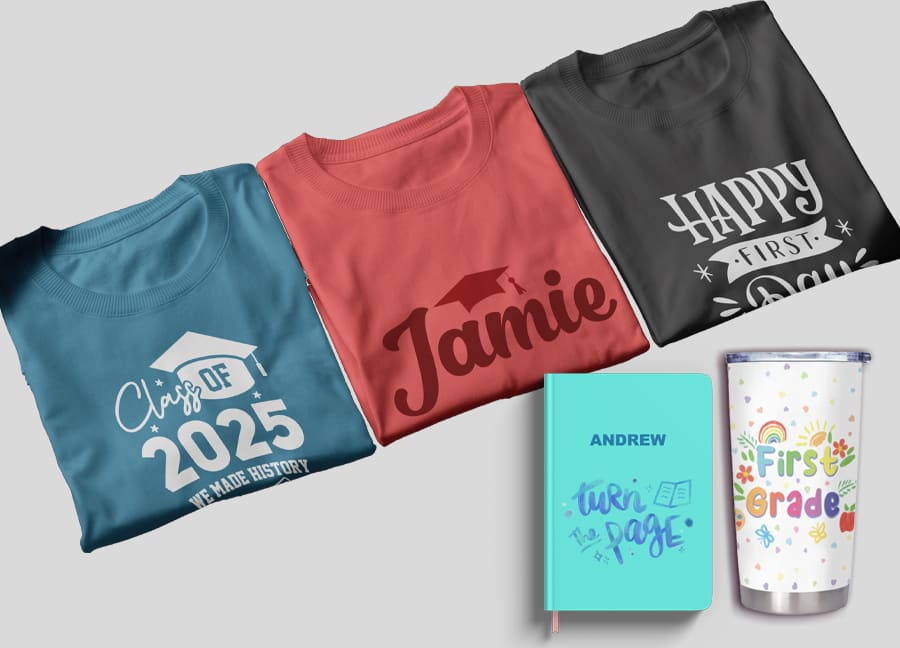 Customizable back-to-school products including t-shirts, a notebook, and a tumbler featuring student names, slogans, and grade levels