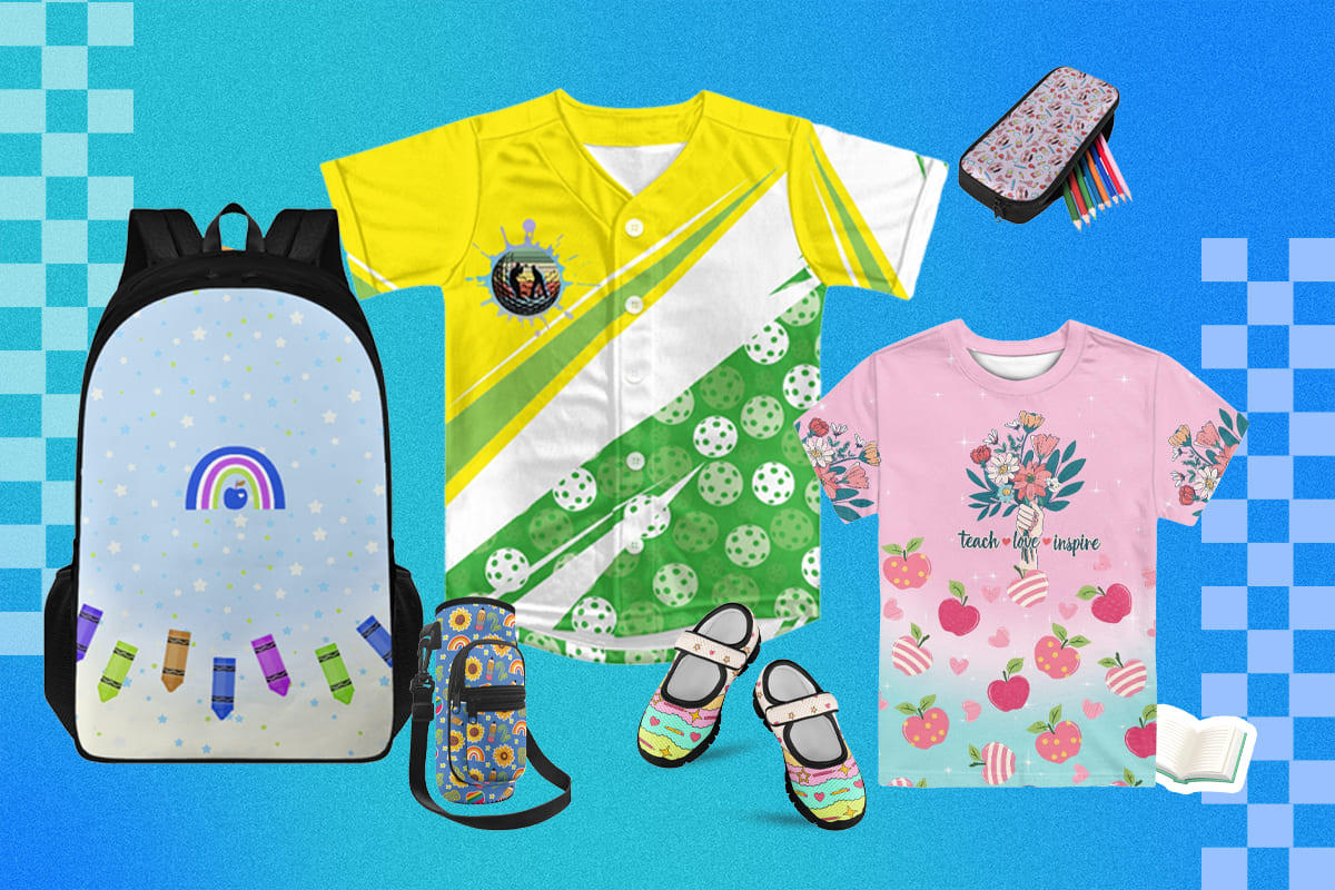 Back-to-school bundle mockup with personalized apparel, bags, and accessories for students and teachers.