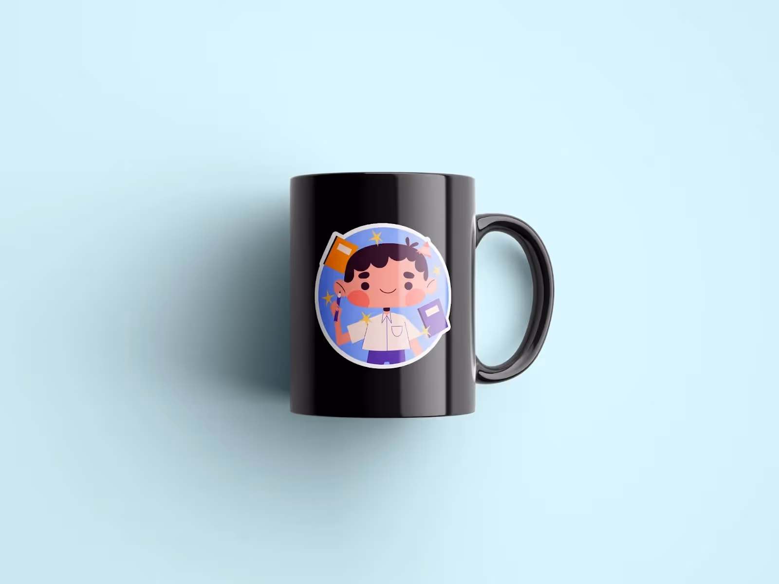 Black ceramic mug with a colorful cartoon teacher illustration, placed on light blue background — ideal personalized gift for educators.