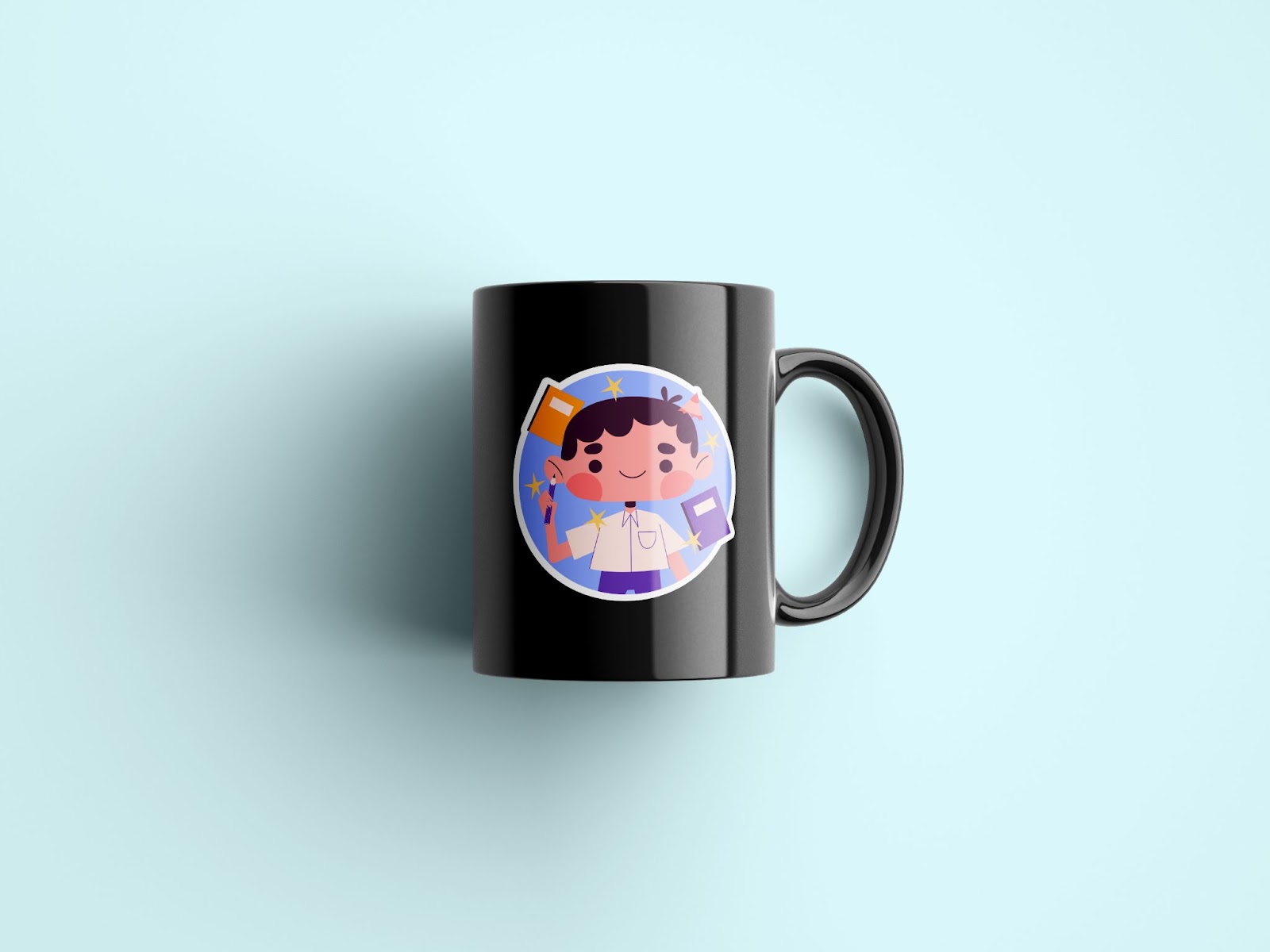 Black ceramic mug with a colorful cartoon teacher illustration, placed on light blue background — ideal personalized gift for educators.