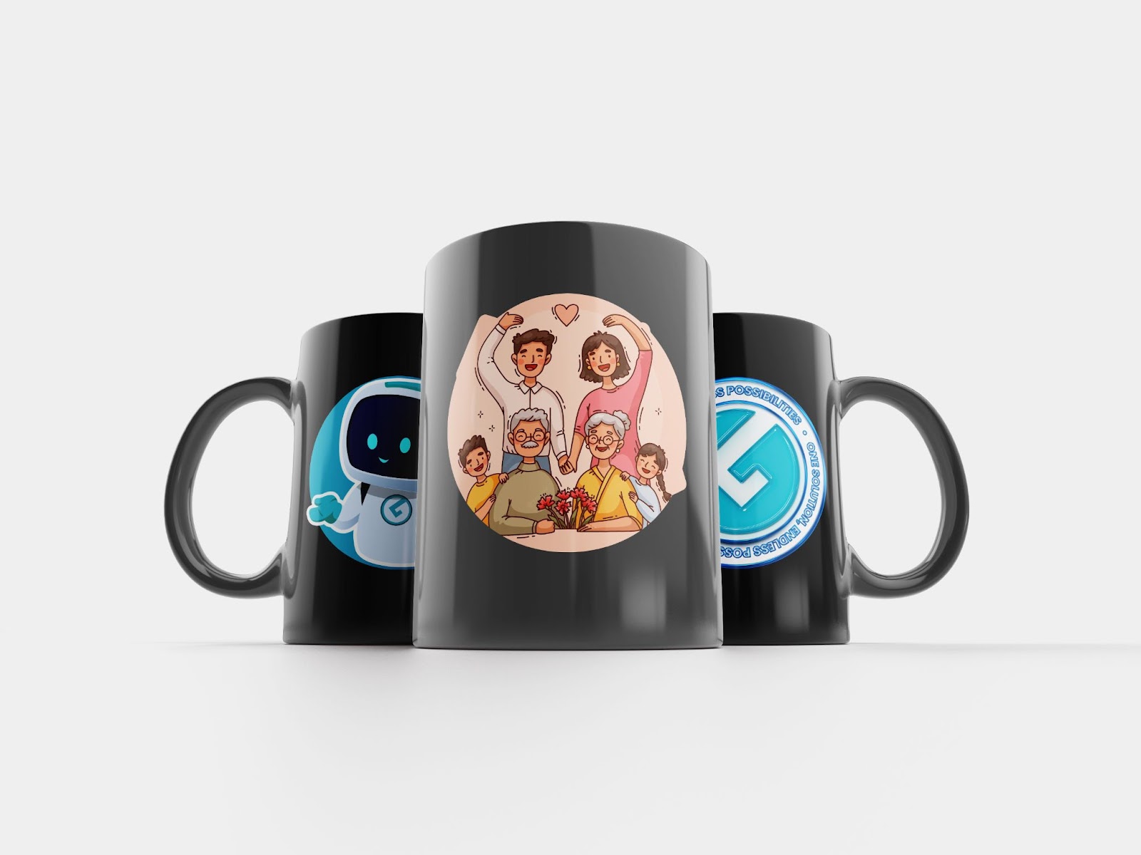 Set of three black ceramic mugs with custom printed designs — including family illustration, robot character, and tech-style emblem, showcasing personalized gift ideas.