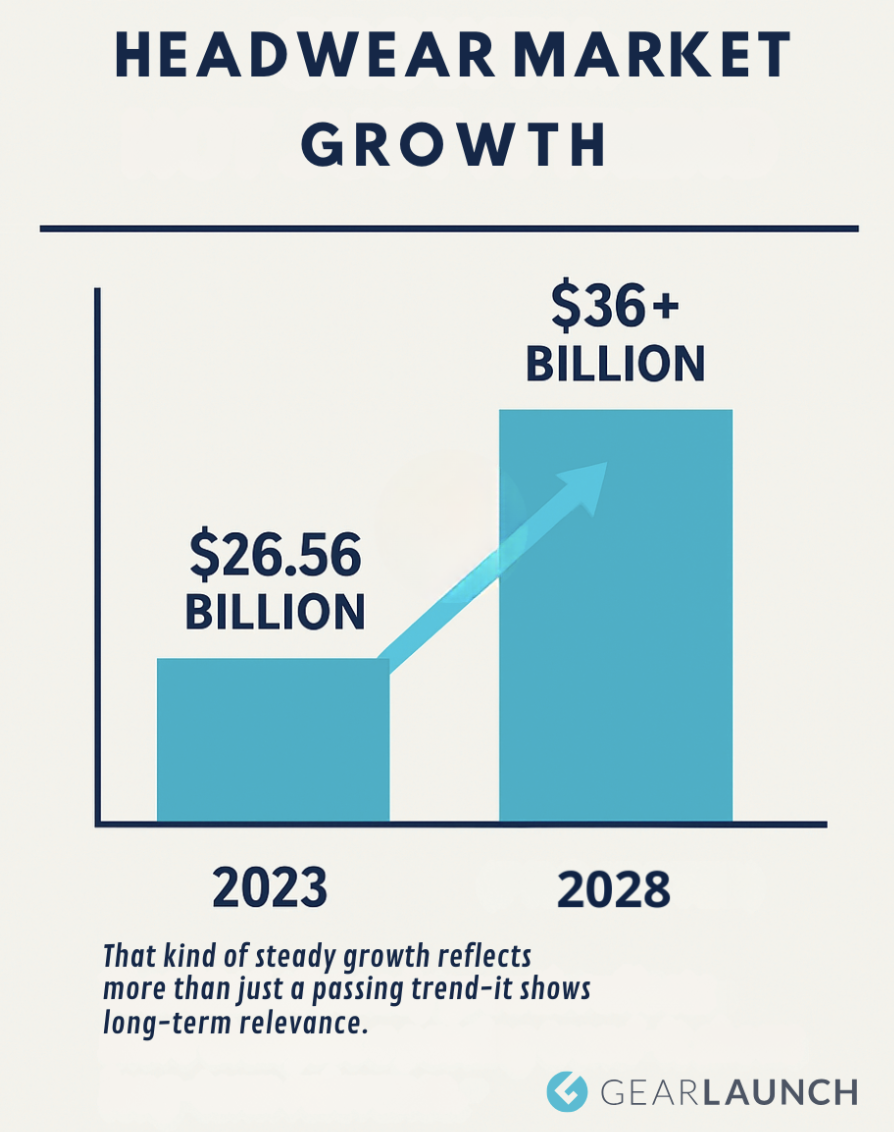 Bar chart showing global headwear market growth from $26.56 billion in 2023 to a projected $36+ billion by 2028 — highlighting long-term demand for hats and caps in e-commerce.