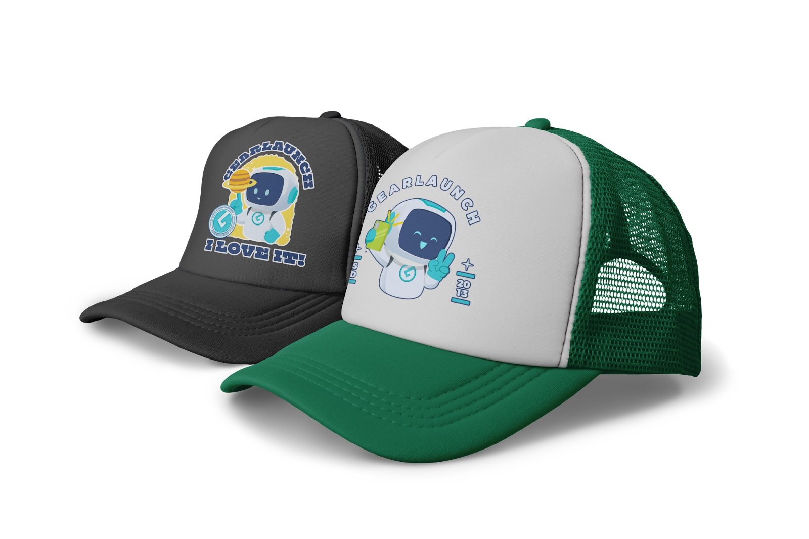 Two mesh trucker hats with playful astronaut-themed GearLaunch designs — one in black with “I Prove It!” slogan, the other in white and green with cartoon mission patch graphics — ideal for showcasing POD creativity and branded merch.