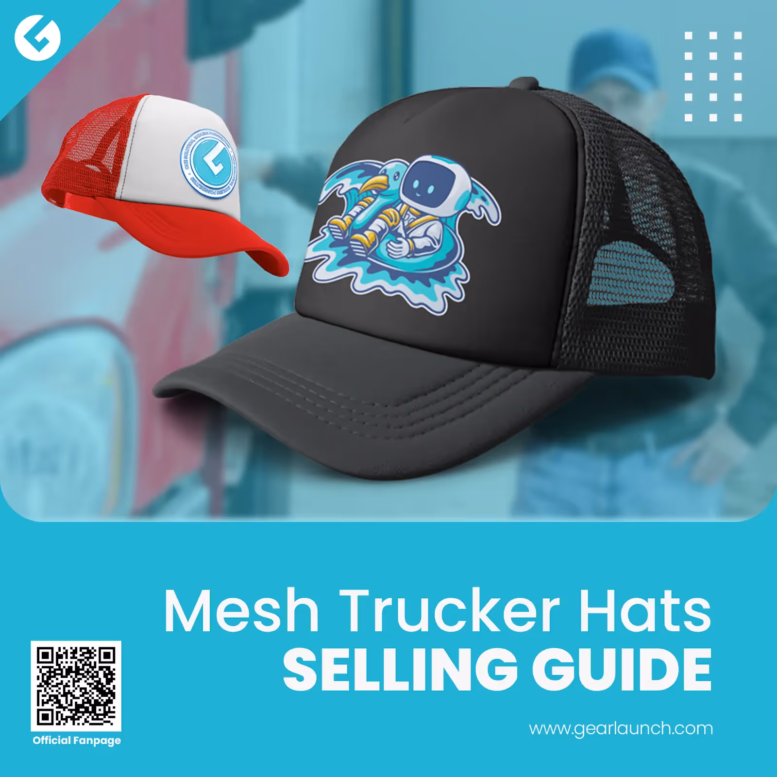 Two custom mesh trucker hats with bold printed designs — one featuring a retro astronaut illustration on a black cap, the other a red and white cap with a modern logo — ideal for POD sellers targeting streetwear, casual, or gifting markets.