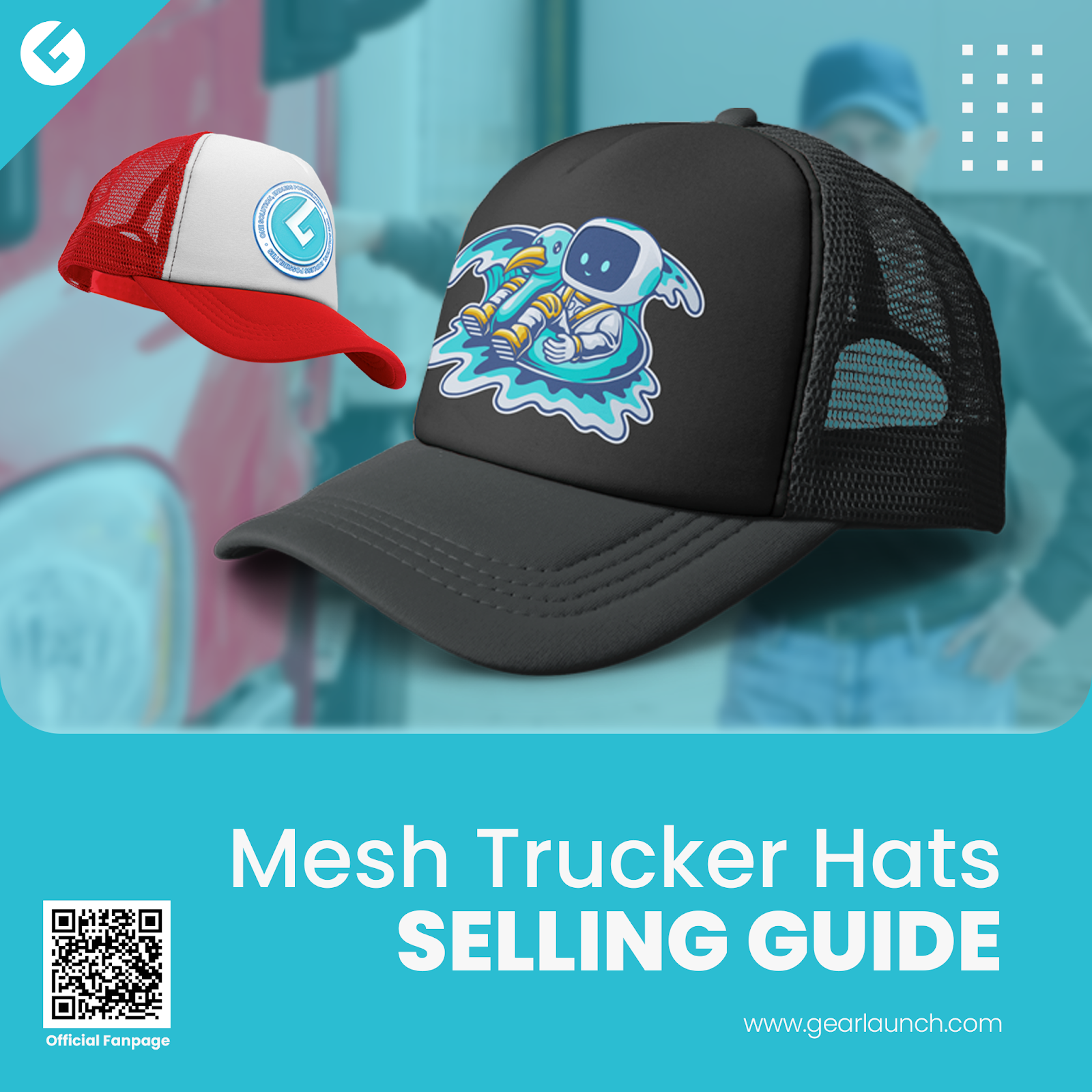 Two custom mesh trucker hats with bold printed designs — one featuring a retro astronaut illustration on a black cap, the other a red and white cap with a modern logo — ideal for POD sellers targeting streetwear, casual, or gifting markets.