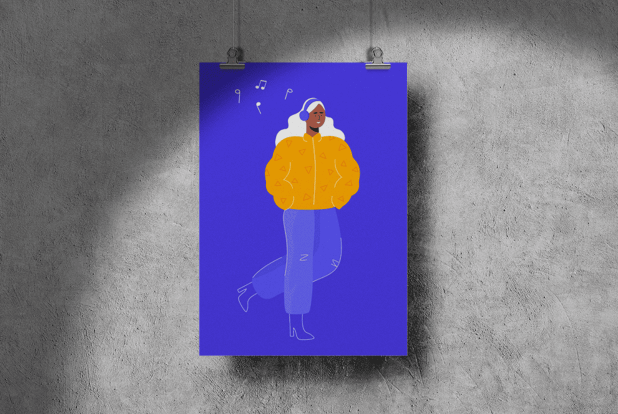 Modern wall art print featuring a confident woman in headphones and a yellow jacket on a bold blue background — hanging poster mockup ideal for promoting custom canvas or statement art in lifestyle spaces.