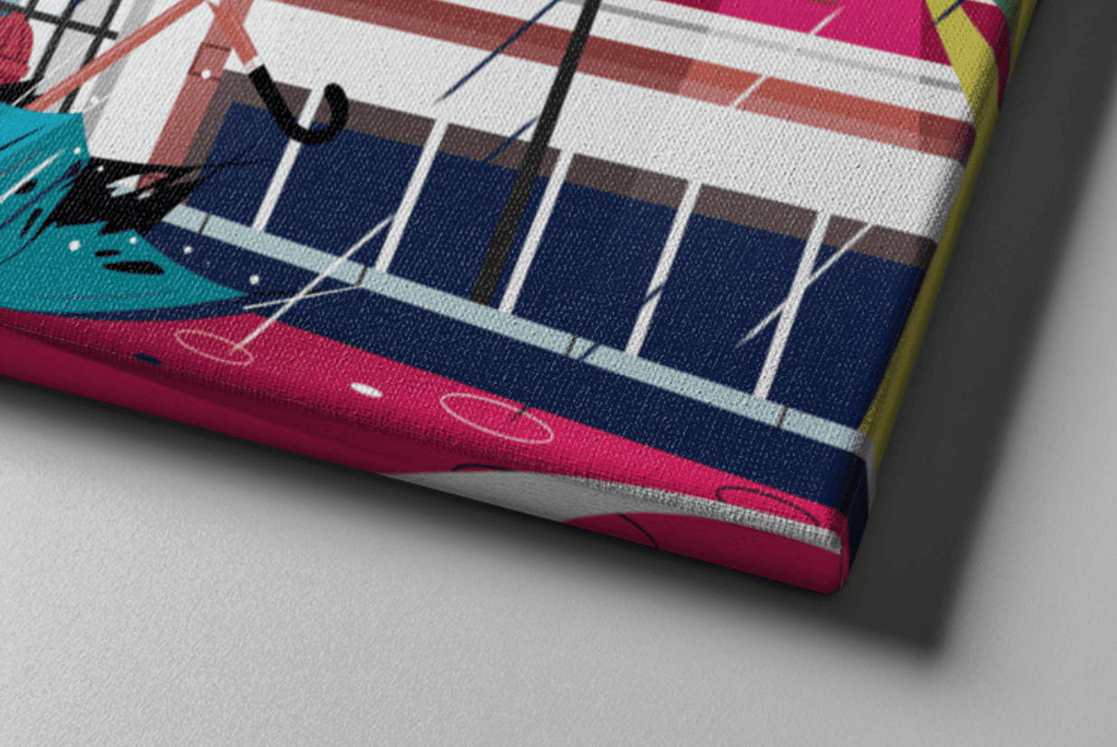 Close-up of vibrant gallery-wrapped canvas print showing detailed texture, clean edge folding, and high-resolution artwork — ideal for showcasing print quality and professional canvas craftsmanship.