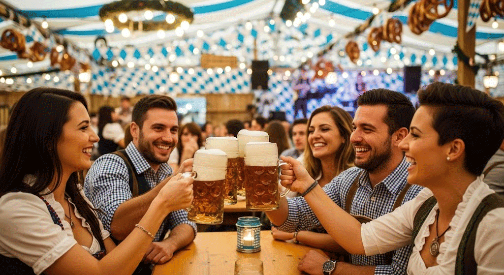 A group of friends in traditional Bavarian outfits raising large beer steins and smiling at an Oktoberfest celebration inside a festive beer tent.