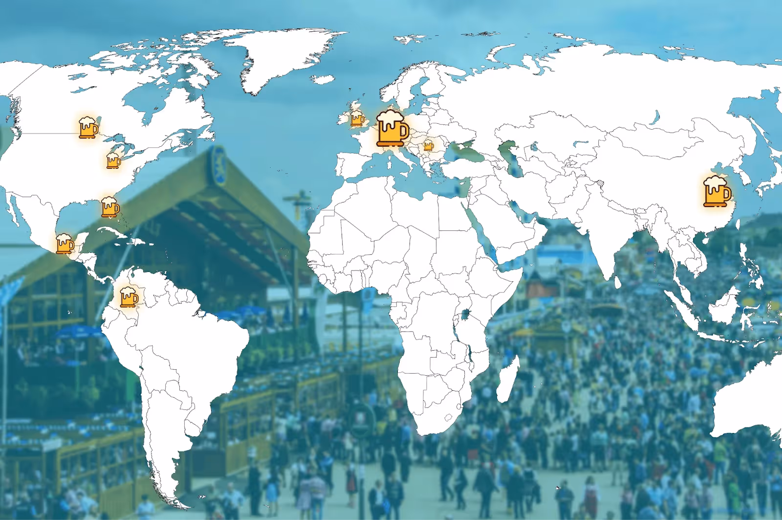 Global map highlighting major Oktoberfest celebrations in Germany, the U.S., Canada, South America, and Asia with beer mug icons