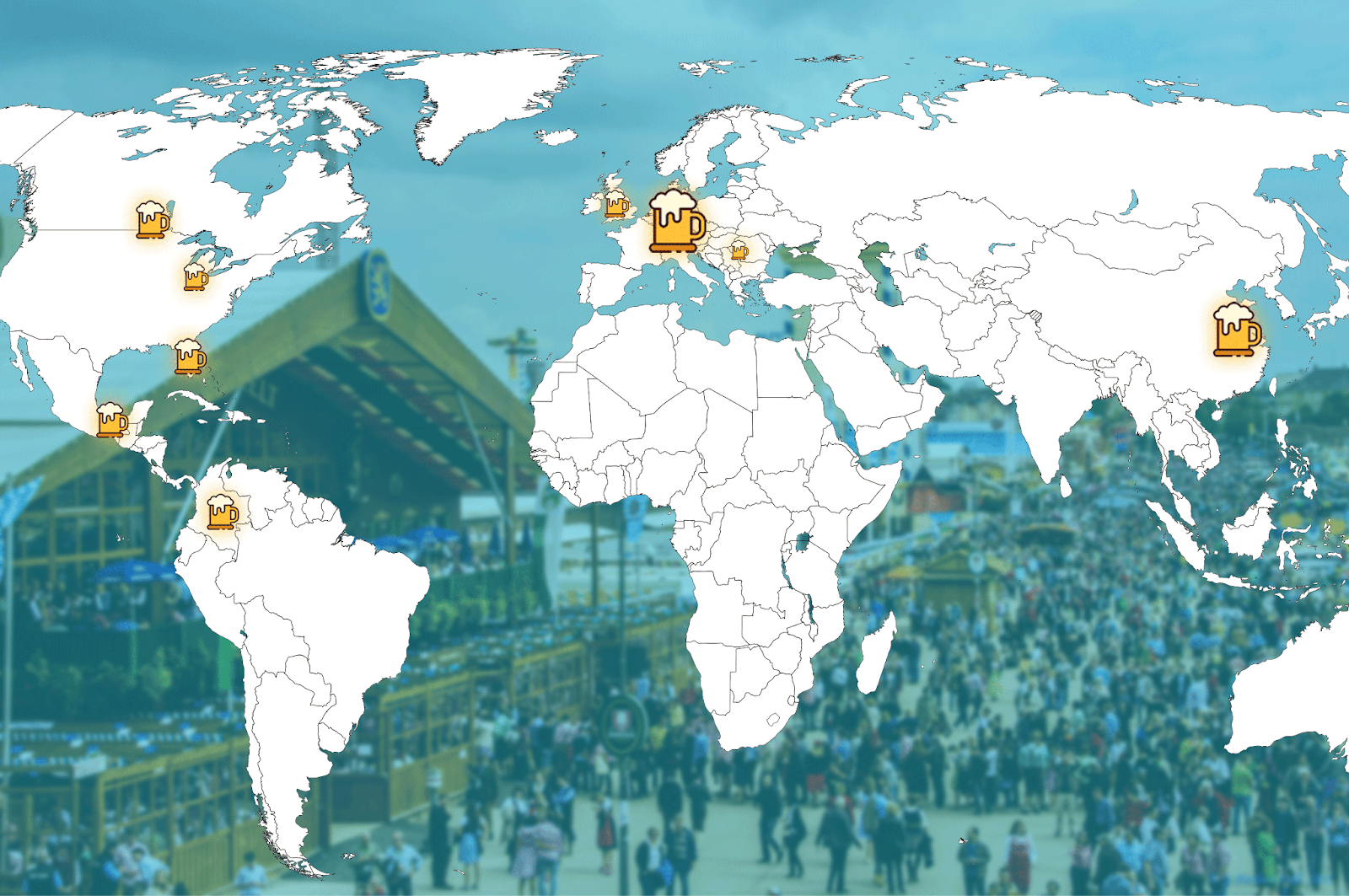 Global map highlighting major Oktoberfest celebrations in Germany, the U.S., Canada, South America, and Asia with beer mug icons