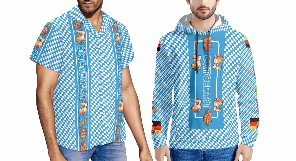 Oktoberfest-themed apparel featuring blue and white Bavarian checkered patterns with pretzel and beer mug designs, including a short-sleeve shirt and a hoodie