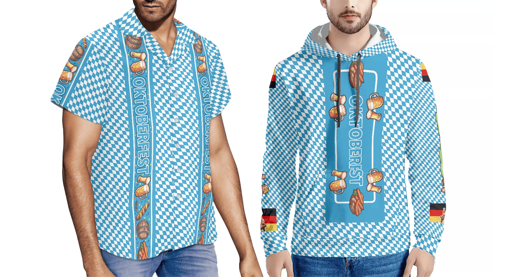 Oktoberfest-themed apparel featuring blue and white Bavarian checkered patterns with pretzel and beer mug designs, including a short-sleeve shirt and a hoodie