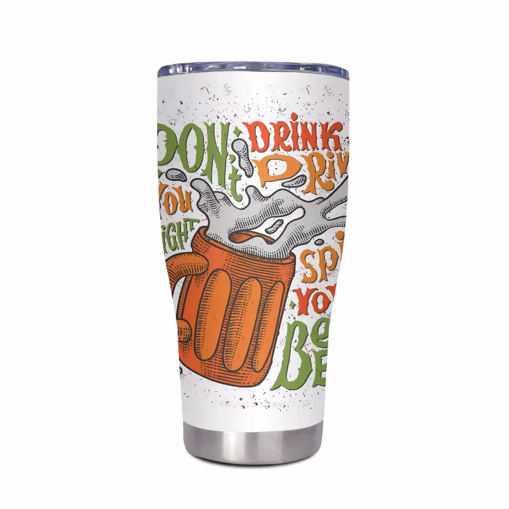 Insulated stainless steel tumbler featuring Oktoberfest beer mug illustration and playful text design in orange, green, and red.