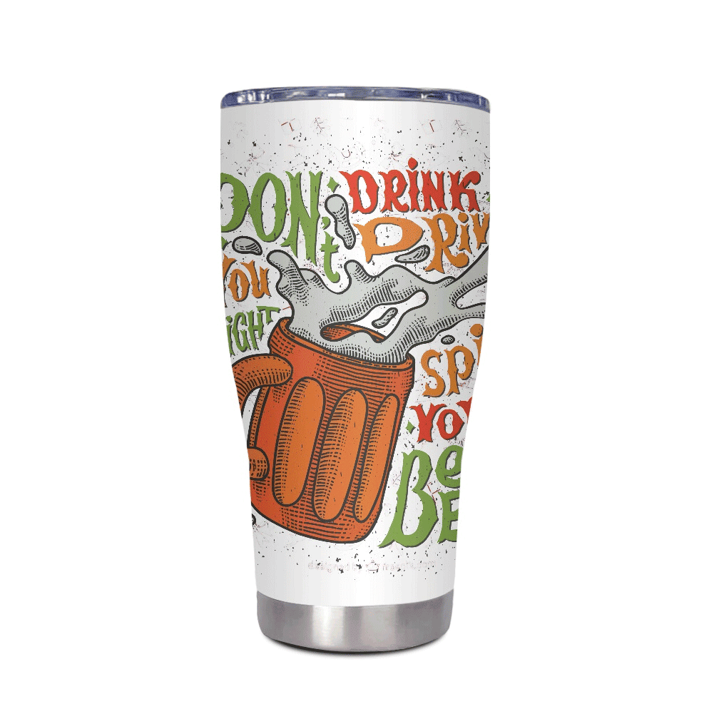 Insulated stainless steel tumbler featuring Oktoberfest beer mug illustration and playful text design in orange, green, and red.