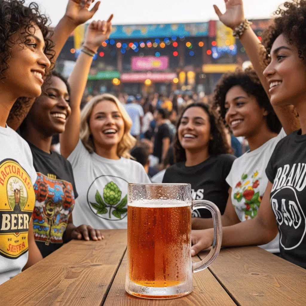 Friends in Oktoberfest-themed graphic T-shirts enjoying an outdoor beer festival, with a cold beer mug in focus on the table.