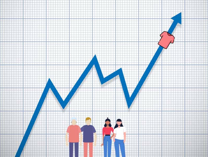 Illustration of rising sales graph with T-shirt icon symbolizing growth in global custom apparel and print-on-demand market