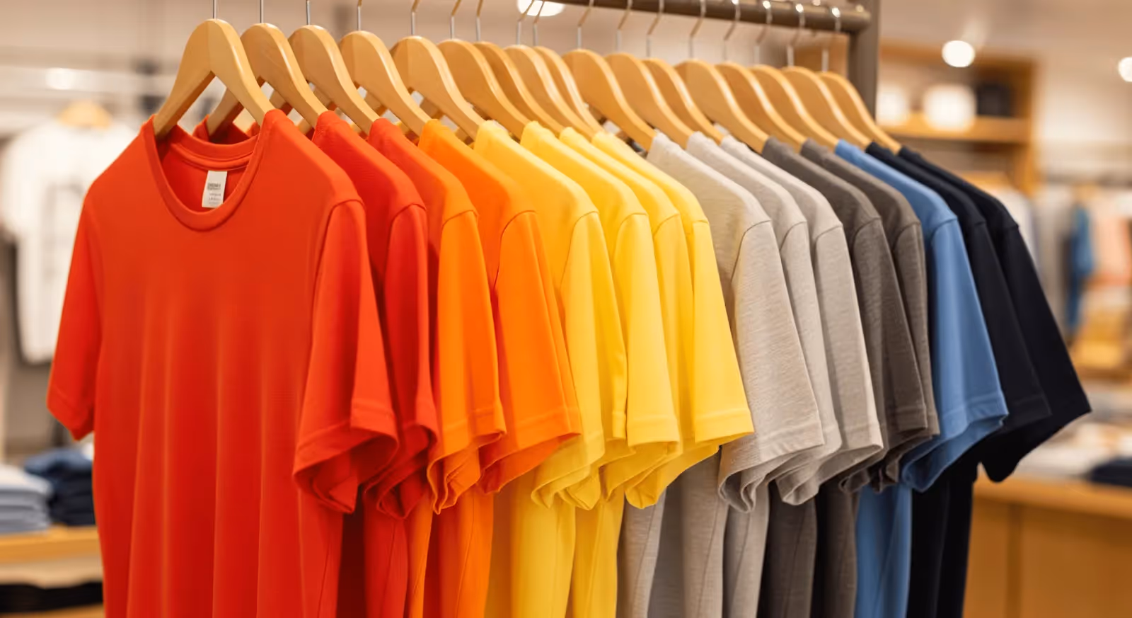 Colorful blank T-shirts on wooden hangers in store display – ideal for custom print-on-demand designs and apparel sales
