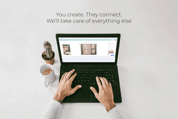 Hands typing on a laptop with print-on-demand product design on screen, coffee cup and cactus nearby – GearLaunch POD seller workspace