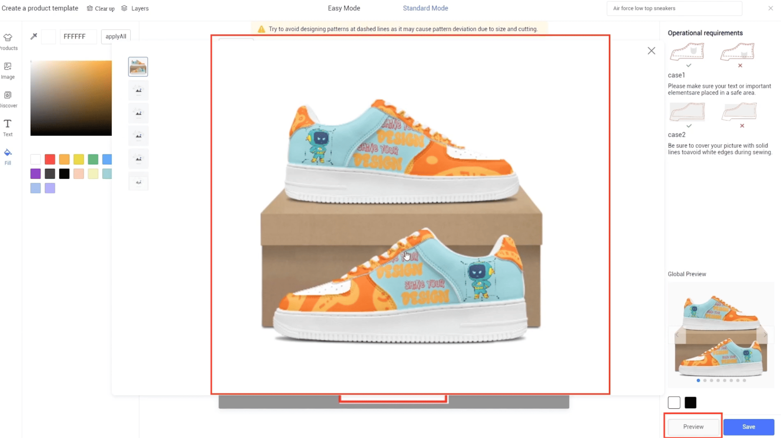 Preview screen in GearLaunch editor showing custom-designed sneakers before saving and activating the campaign.