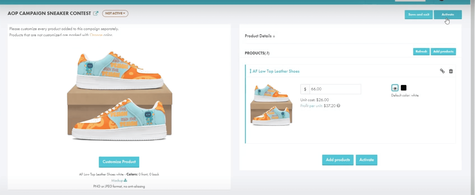 GearLaunch product activation screen showing customized sneakers, pricing setup, and the Activate button.