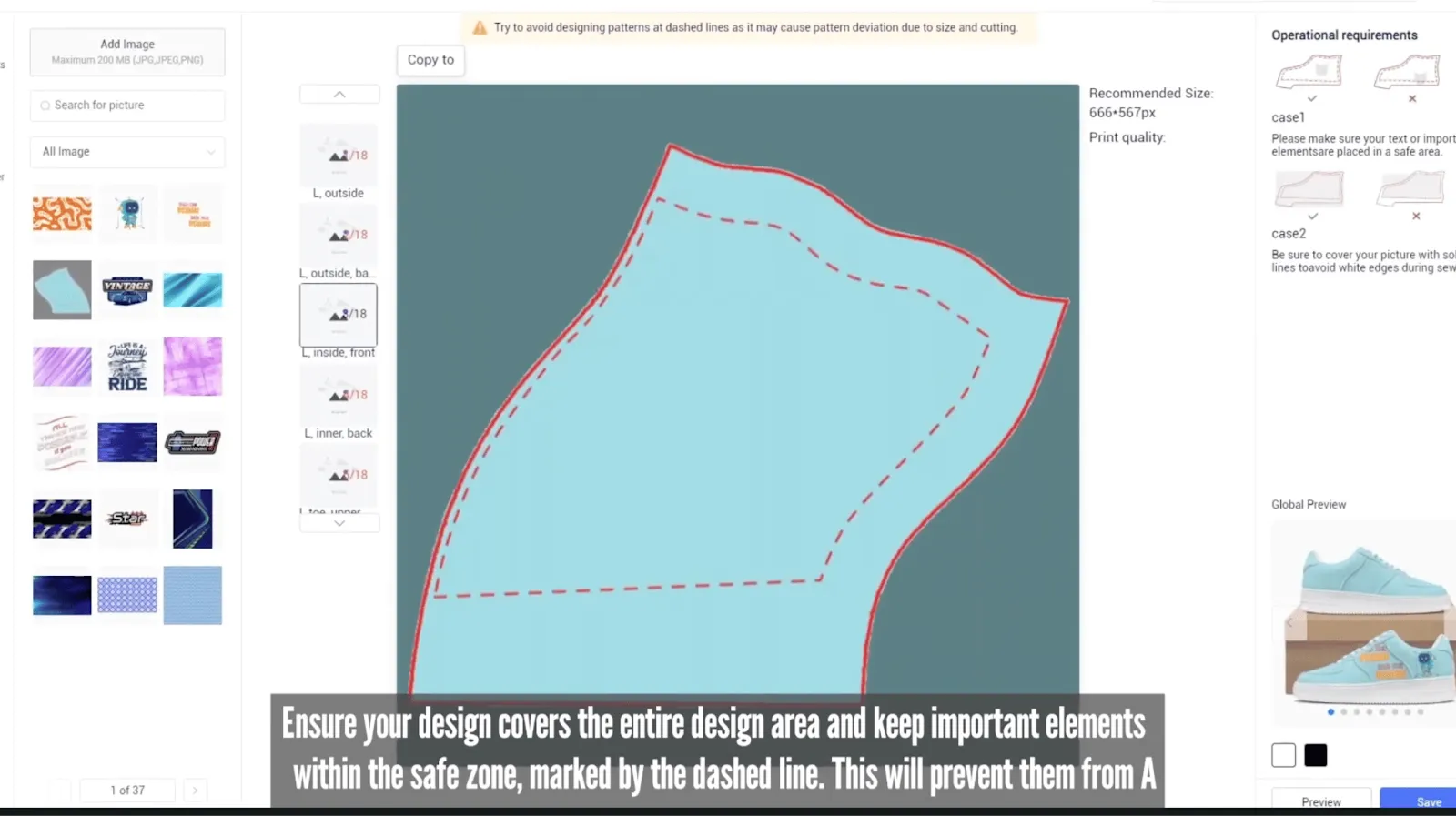 GearLaunch design editor showing safe zone guidelines with dashed red lines to ensure important elements stay within print area.