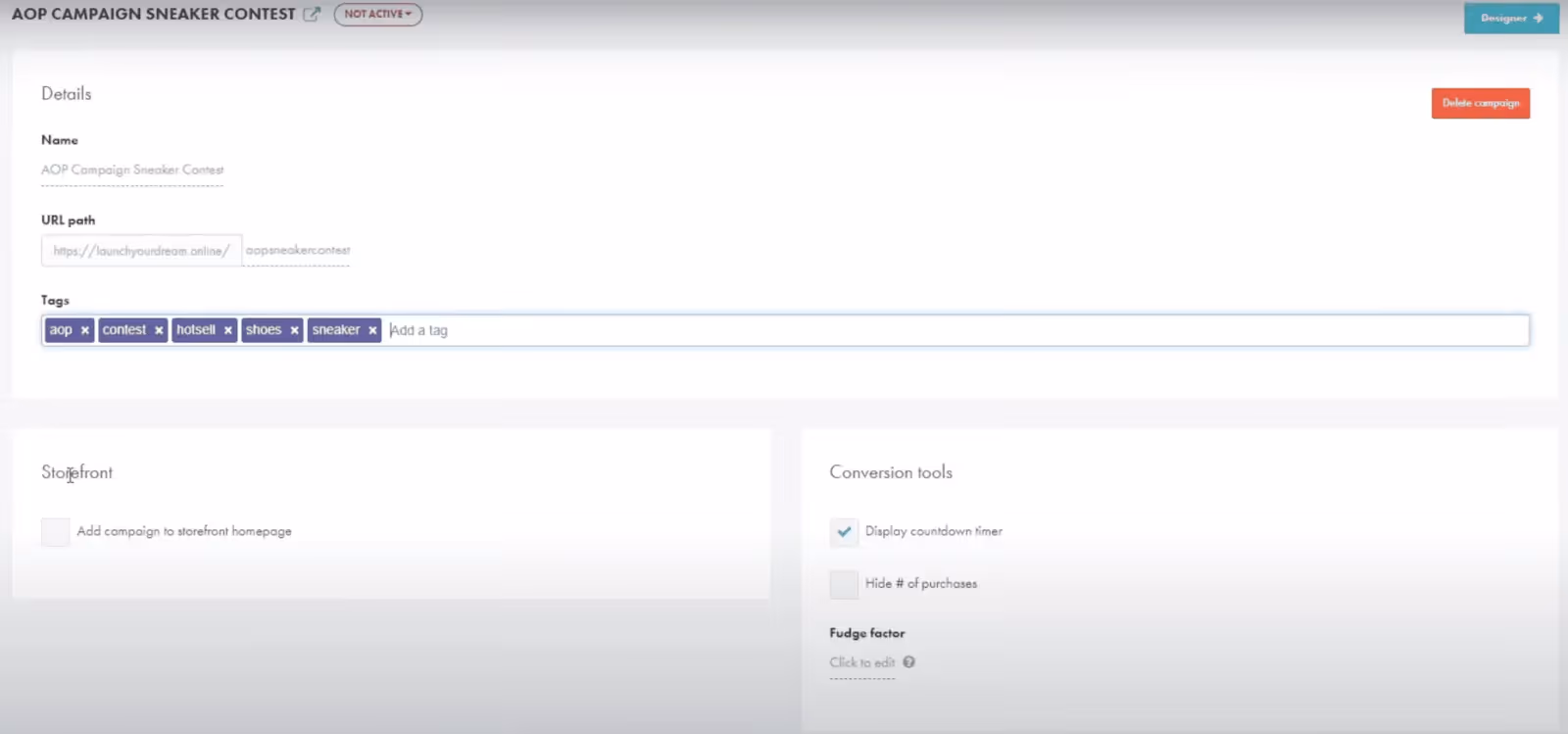 GearLaunch campaign setup screen showing campaign name, URL path, tags, storefront option, and conversion tools.