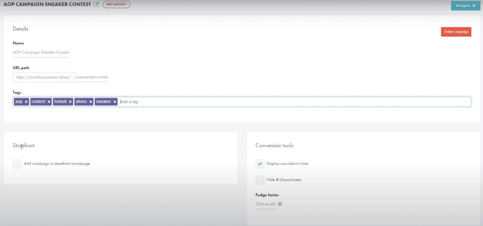 GearLaunch campaign setup screen showing campaign name, URL path, tags, storefront option, and conversion tools.