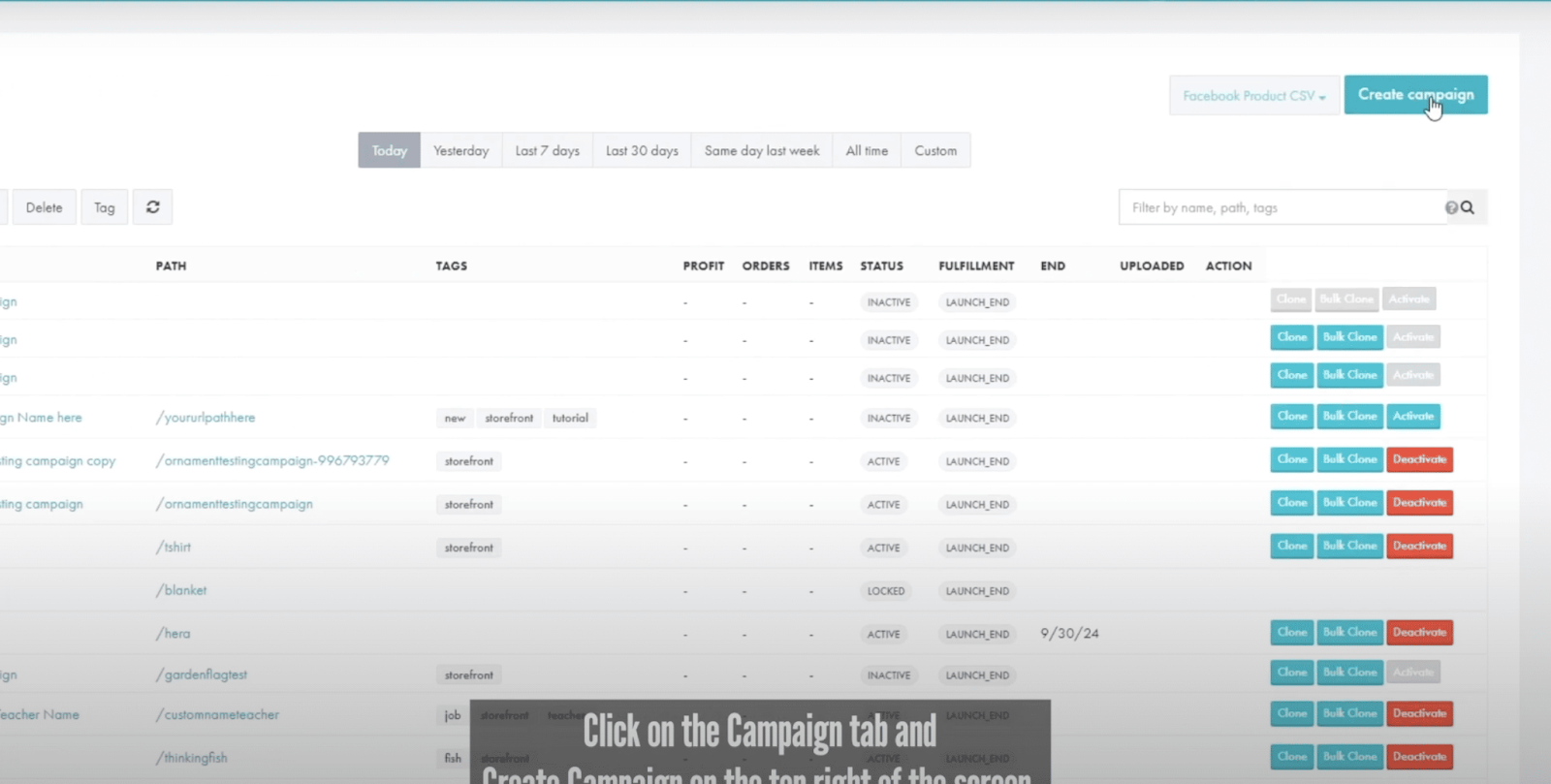 GearLaunch dashboard showing campaign list with option to create a new campaign in the top right corner.