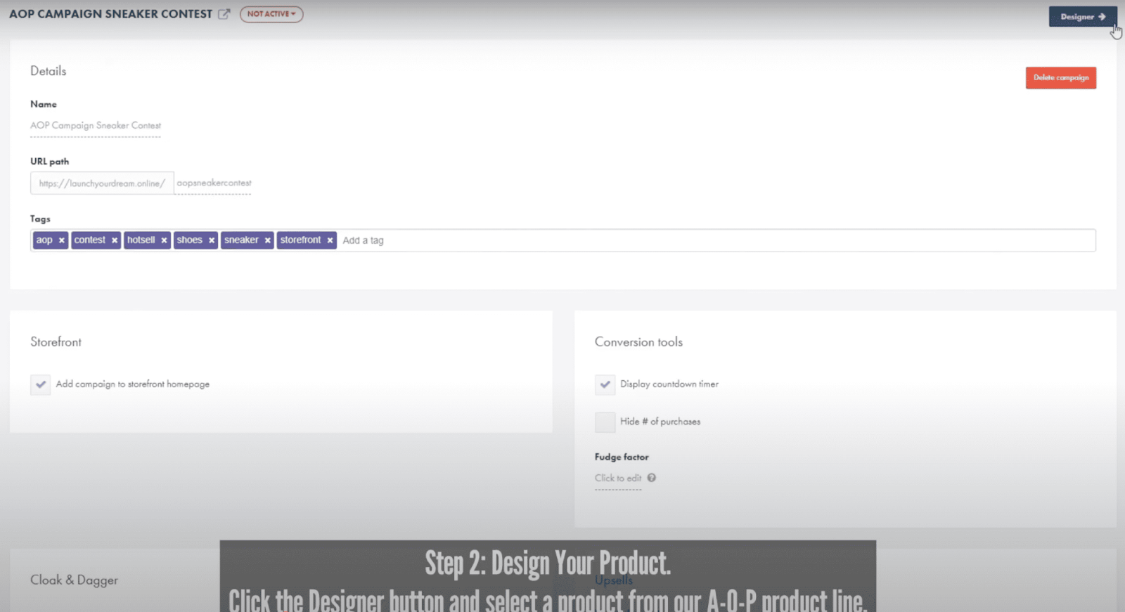 GearLaunch campaign setup page with Designer button highlighted to start customizing All-Over Print products.