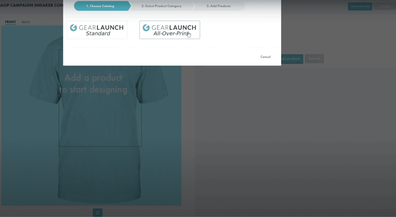 GearLaunch catalog selection screen showing Standard and All-Over Print (AOP) options before starting product design.