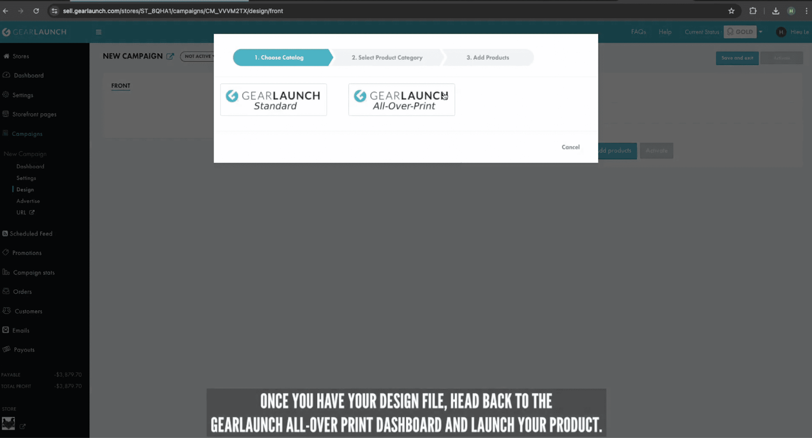 GearLaunch dashboard screen for uploading all-over print design file to launch new product.