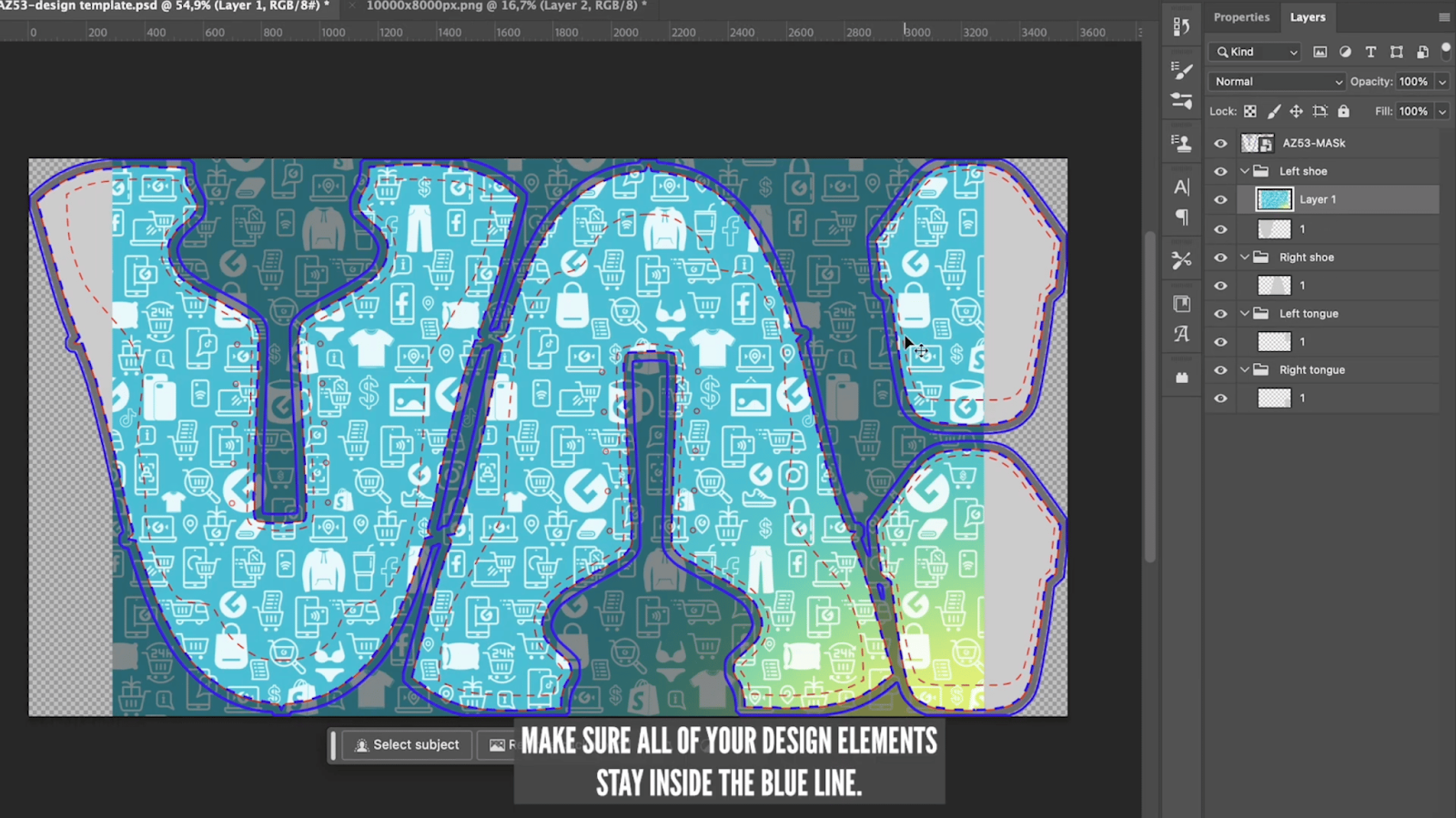 All-over print design applied to shoe template in Photoshop with instructions to keep elements inside the blue line.