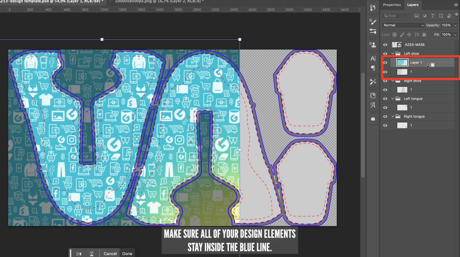 Photoshop screenshot highlighting correct layer placement for shoe design template.
