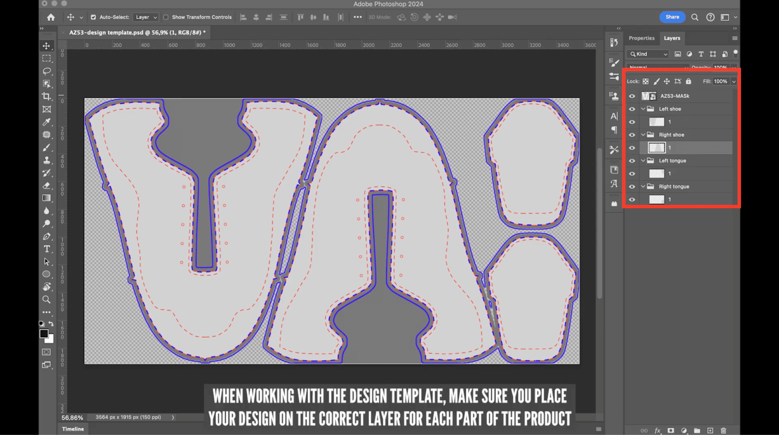 Photoshop workspace showing shoe template with blue and red guidelines and designated layers for each shoe part.